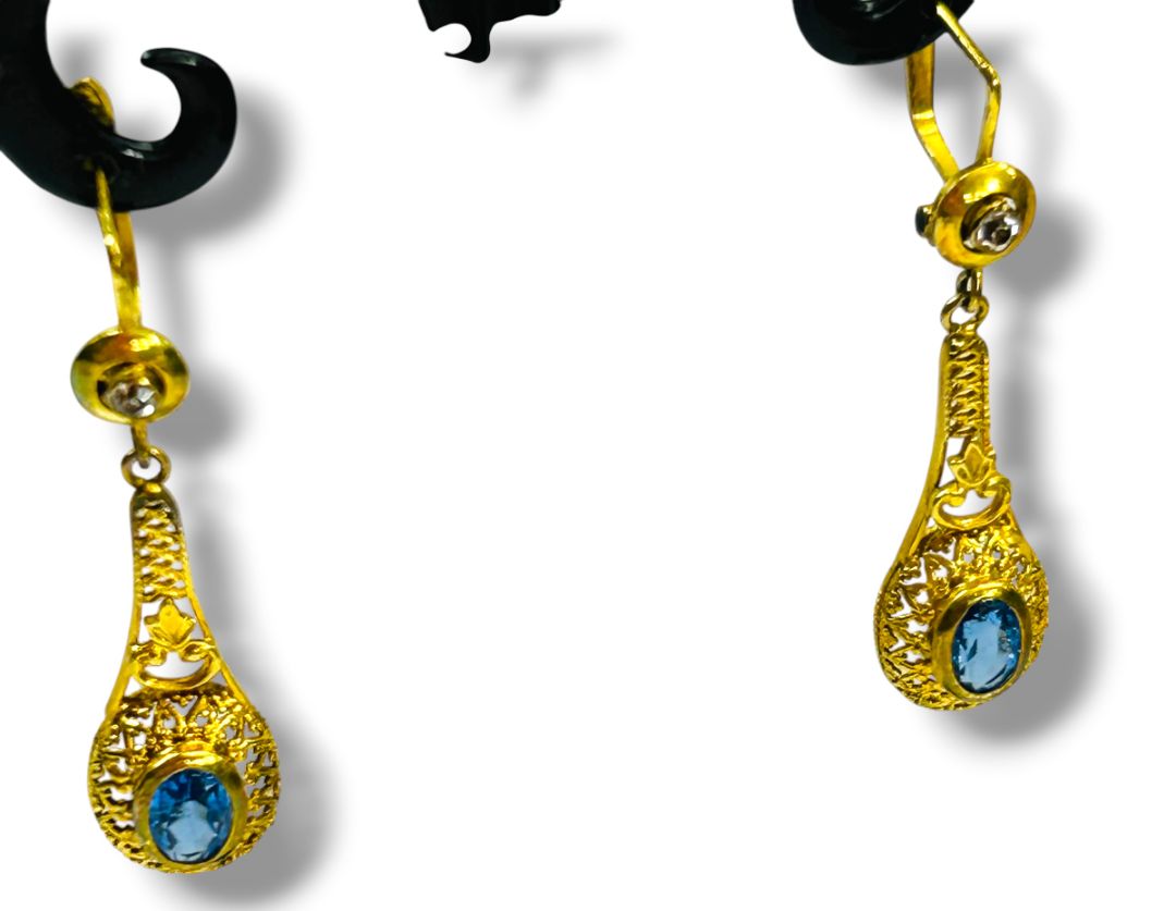 Vintage Goldtone Blue Drop Filigree Latch Back 1.5" Dangle