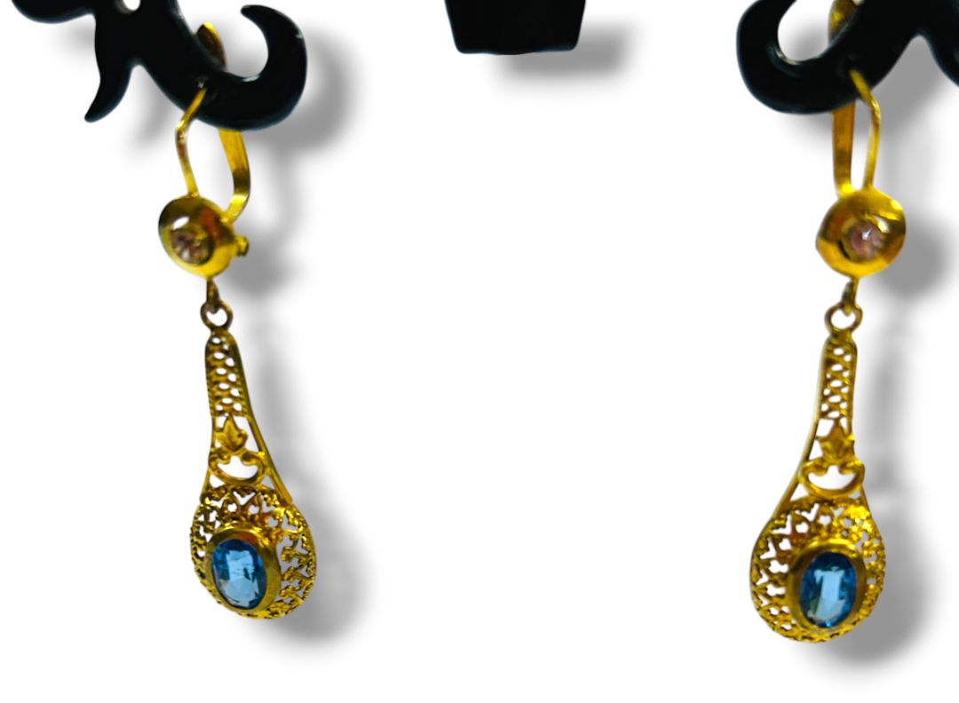 Vintage Goldtone Blue Drop Filigree Latch Back 1.5" Dangle