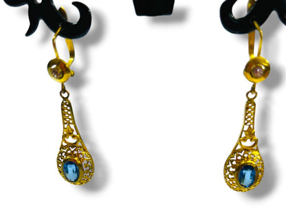 Vintage Goldtone Blue Drop Filigree Latch Back 1.5" Dangle