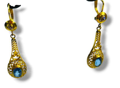 Vintage Goldtone Blue Drop Filigree Latch Back 1.5" Dangle