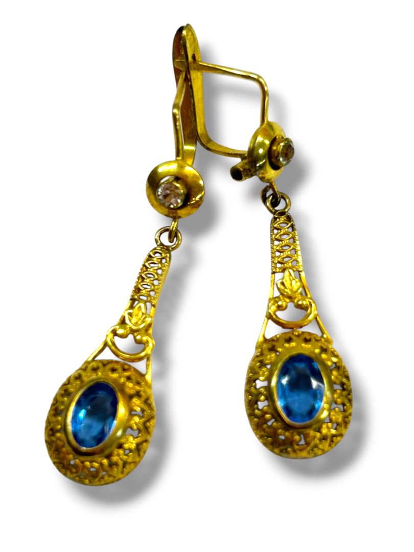 Vintage Goldtone Blue Drop Filigree Latch Back 1.5" Dangle