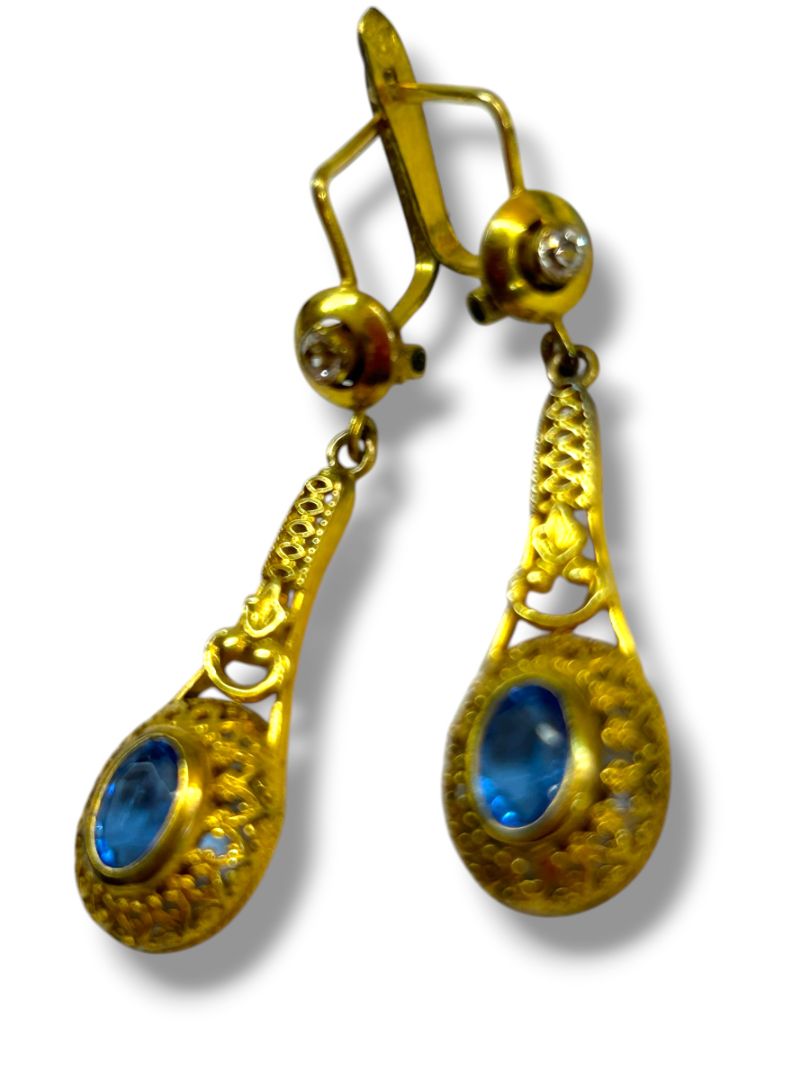 Vintage Goldtone Blue Drop Filigree Latch Back 1.5" Dangle