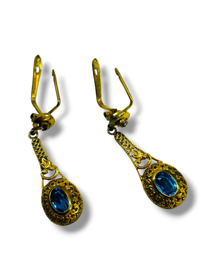 Vintage Goldtone Blue Drop Filigree Latch Back 1.5" Dangle
