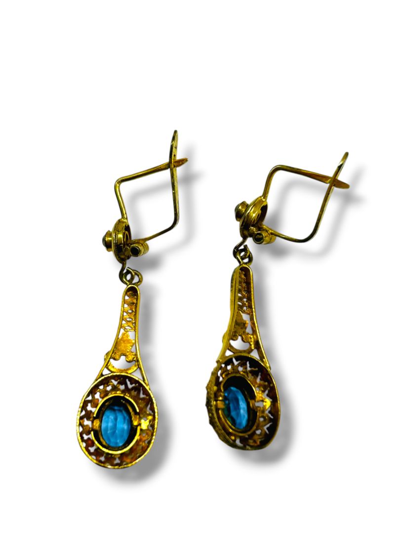 Vintage Goldtone Blue Drop Filigree Latch Back 1.5" Dangle