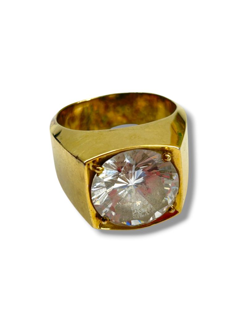 Vintage Size 11 Chunky Goldtone Ring with Faceted Clear 13mm