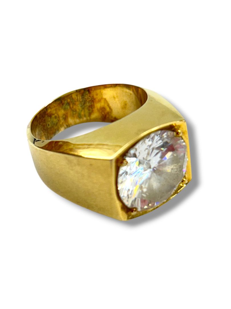 Vintage Size 11 Chunky Goldtone Ring with Faceted Clear 13mm