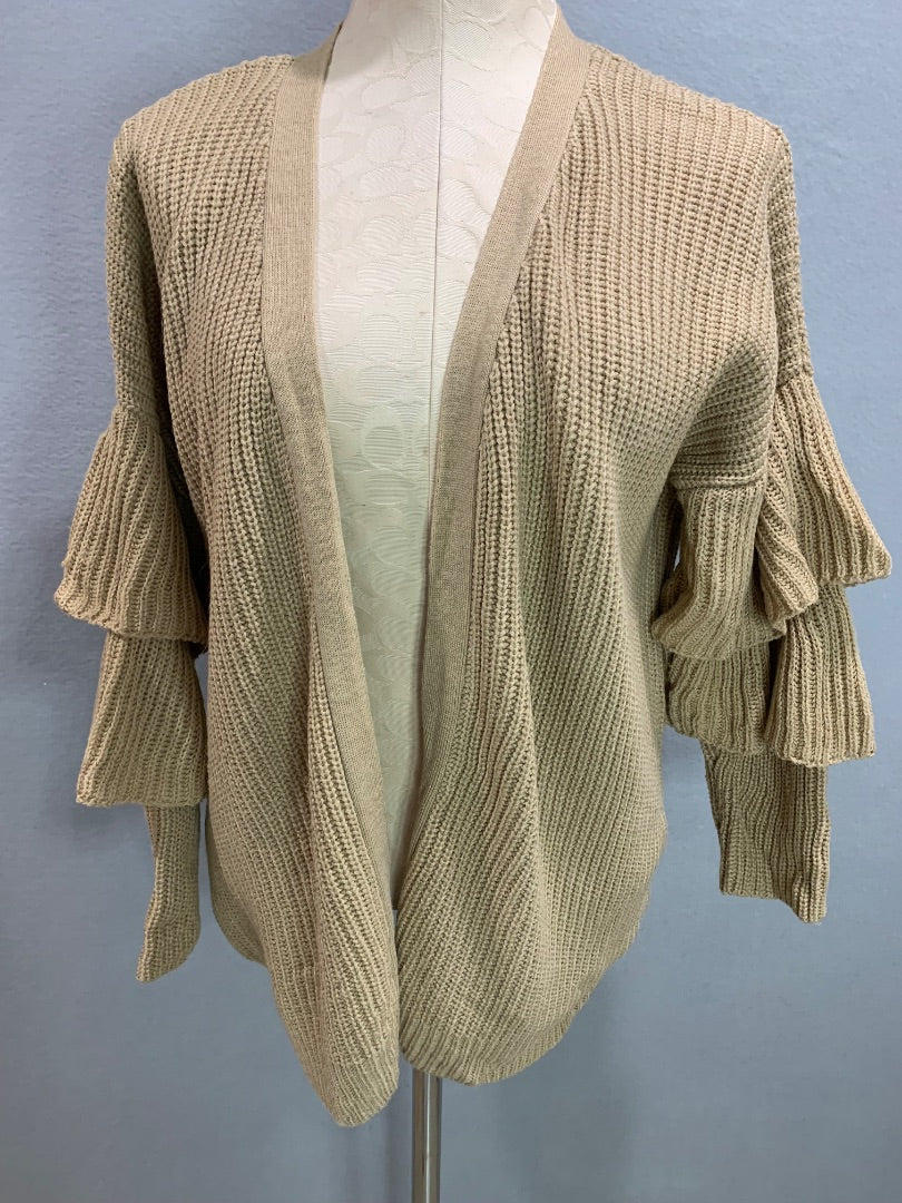 Medium O&O Womens Open Cardigan Brown Ruffle Sleeve Sweater Knit