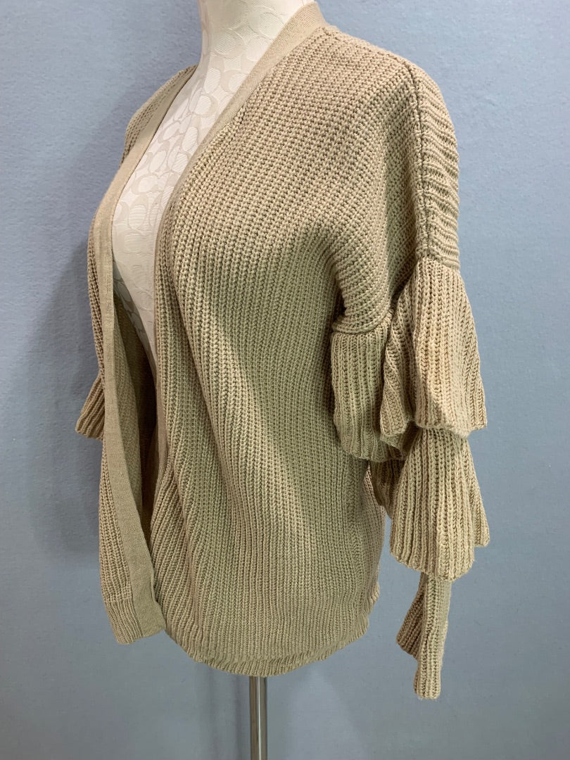 Medium O&O Womens Open Cardigan Brown Ruffle Sleeve Sweater Knit