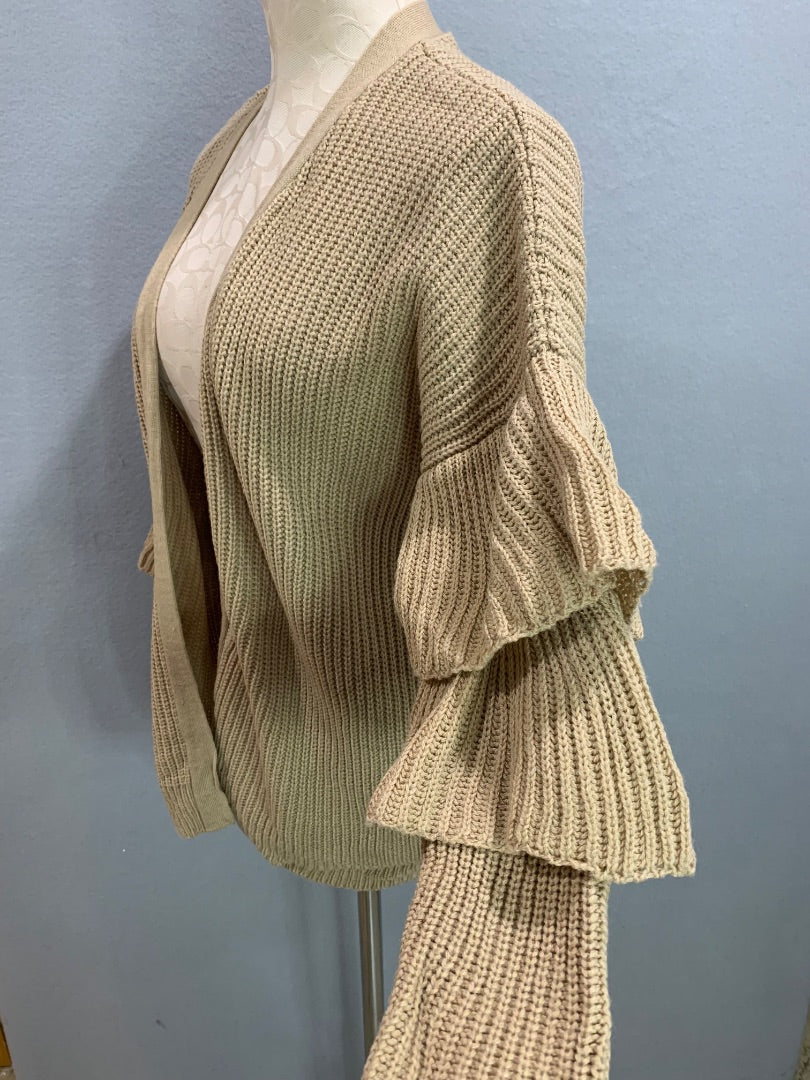 Medium O&O Womens Open Cardigan Brown Ruffle Sleeve Sweater Knit