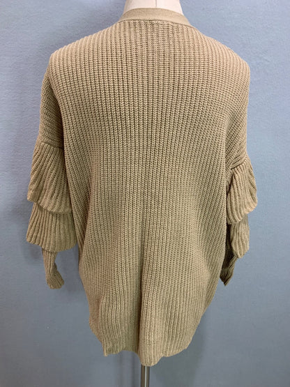 Medium O&O Womens Open Cardigan Brown Ruffle Sleeve Sweater Knit