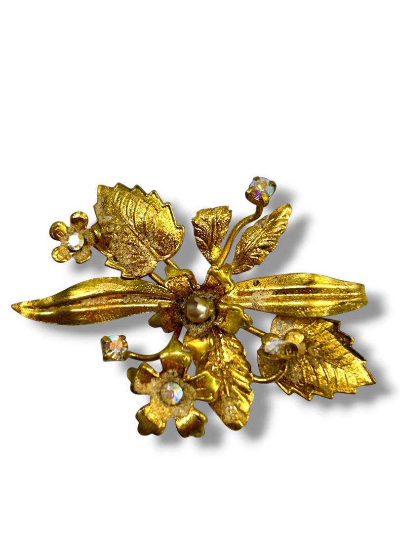 Vintage Austria Goldtone Floral Brooch Pin 2" Rhinestones