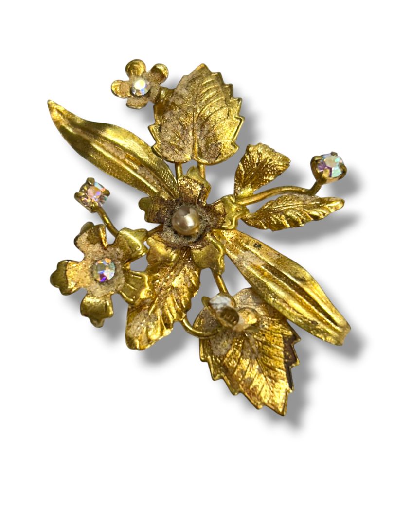 Vintage Austria Goldtone Floral Brooch Pin 2" Rhinestones