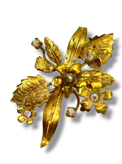 Vintage Austria Goldtone Floral Brooch Pin 2" Rhinestones