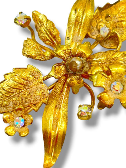Vintage Austria Goldtone Floral Brooch Pin 2" Rhinestones