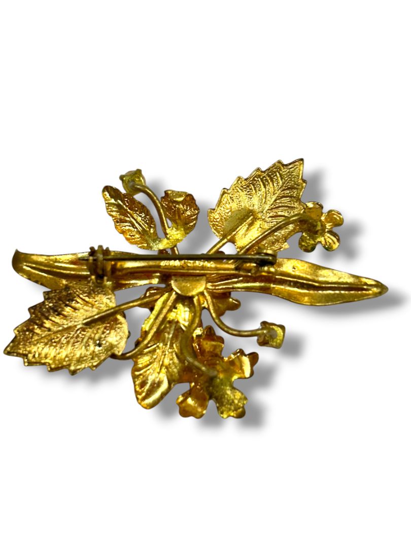 Vintage Austria Goldtone Floral Brooch Pin 2" Rhinestones