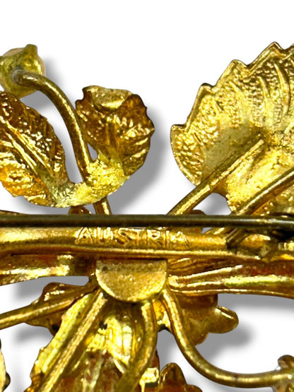 Vintage Austria Goldtone Floral Brooch Pin 2" Rhinestones