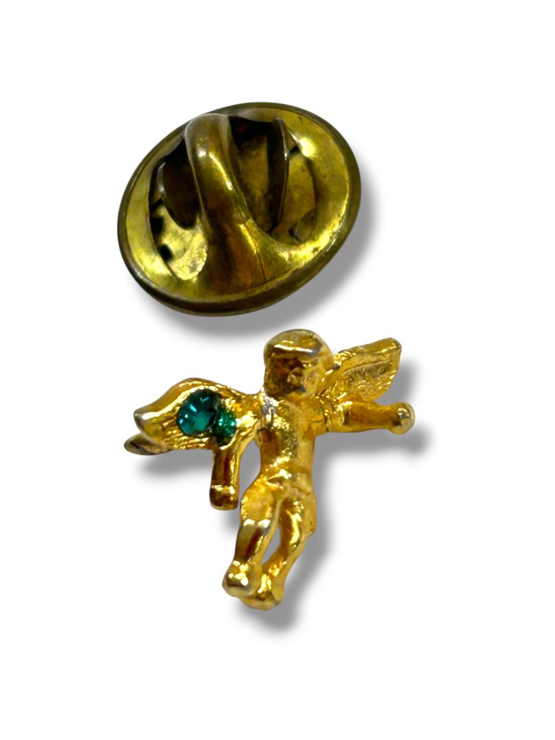Vintage Guardian Angel Shoulder Lapel Pin December Topaz Goldtone .5"