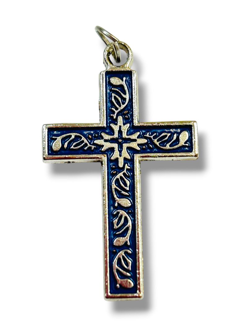 Vintage Silvertone Cross Pendant Blue Enameled Religious 1.4"