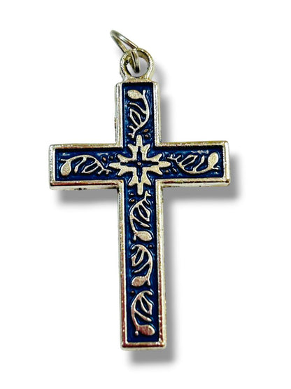 Vintage Silvertone Cross Pendant Blue Enameled Religious 1.4"