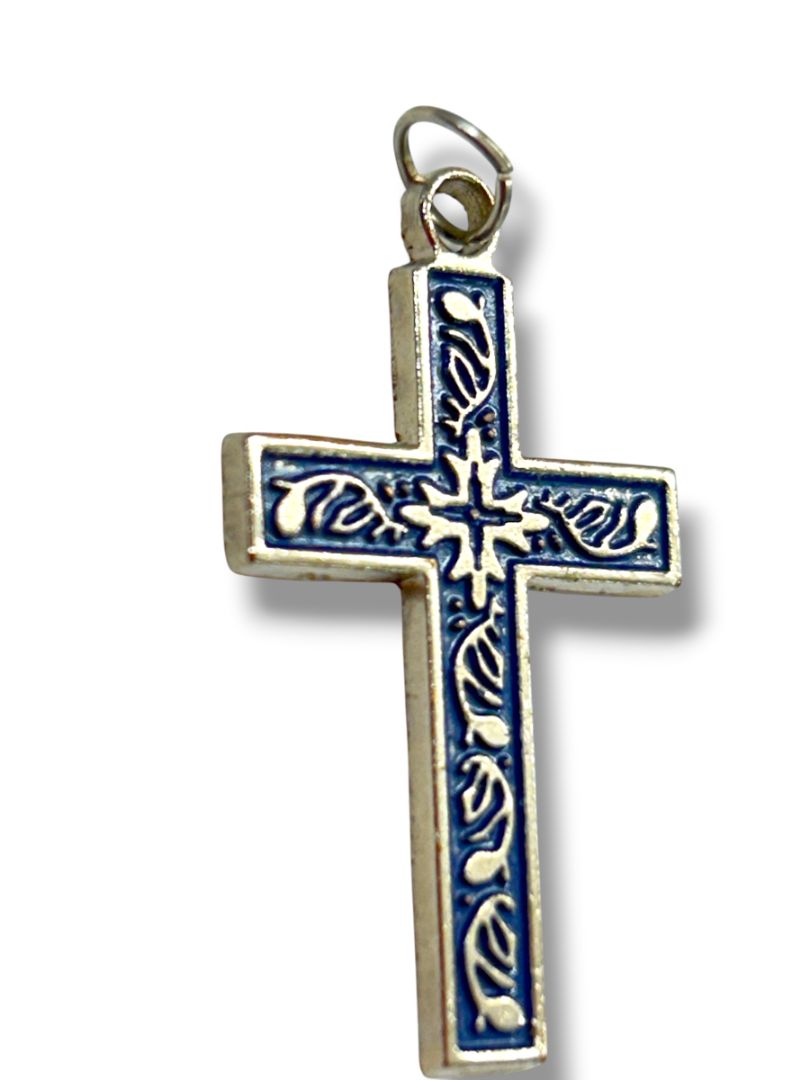 Vintage Silvertone Cross Pendant Blue Enameled Religious 1.4"