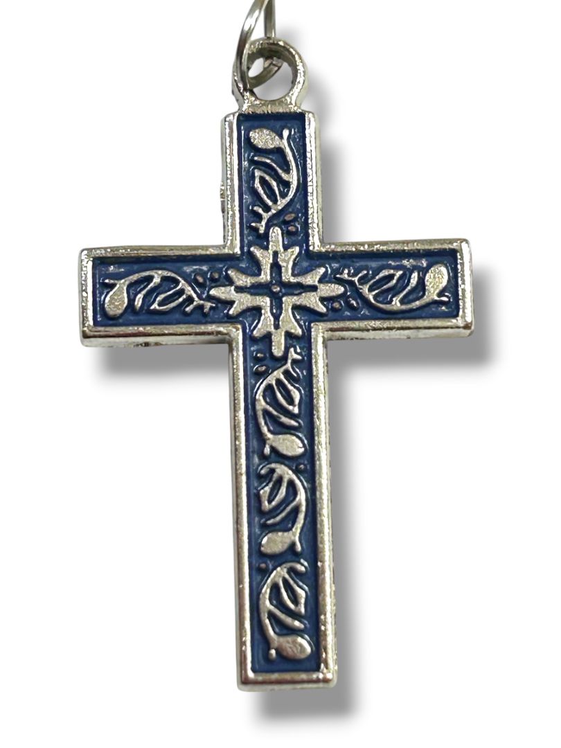 Vintage Silvertone Cross Pendant Blue Enameled Religious 1.4"
