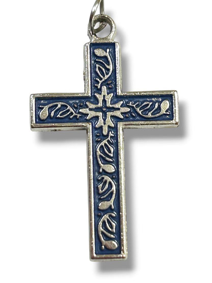 Vintage Silvertone Cross Pendant Blue Enameled Religious 1.4"