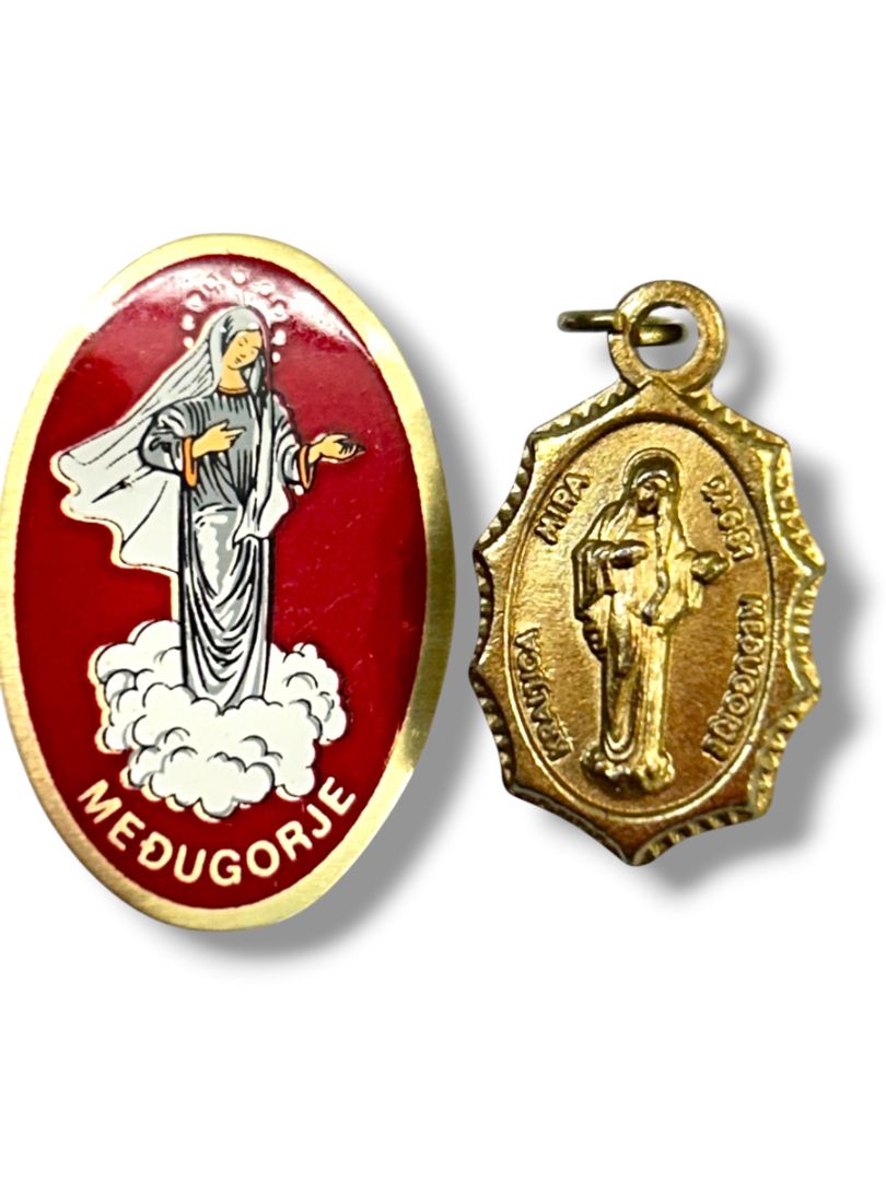 Vintage Our Lady of Medjugorje Religious Mustard Seed Pendant and Pin