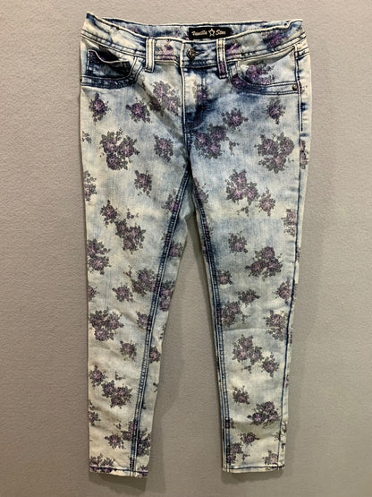 Size 10 Vanilla Star Girls Floral Print Skinny Jeans Light Wash Adjustable Waist