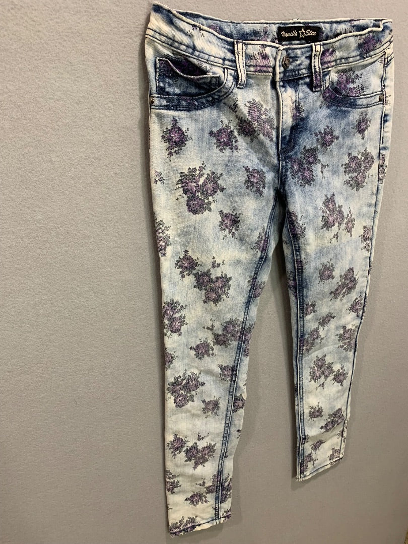 Size 10 Vanilla Star Girls Floral Print Skinny Jeans Light Wash Adjustable Waist