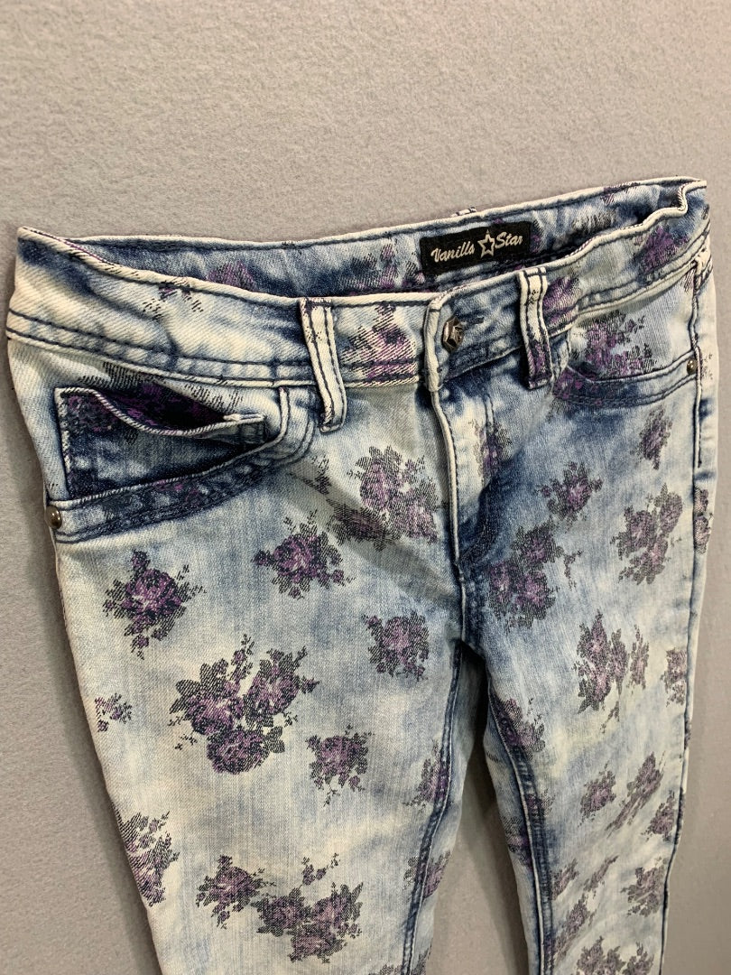 Size 10 Vanilla Star Girls Floral Print Skinny Jeans Light Wash Adjustable Waist