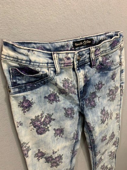 Size 10 Vanilla Star Girls Floral Print Skinny Jeans Light Wash Adjustable Waist