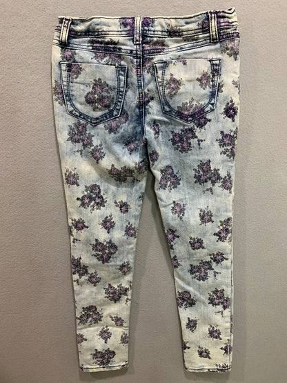 Size 10 Vanilla Star Girls Floral Print Skinny Jeans Light Wash Adjustable Waist
