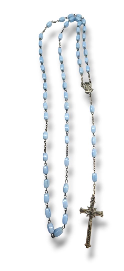Vintage Light Blue Silvertone Rosary Beads Italy Necklace