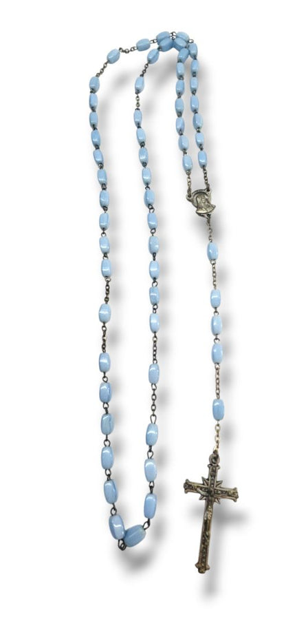 Vintage Light Blue Silvertone Rosary Beads Italy Necklace