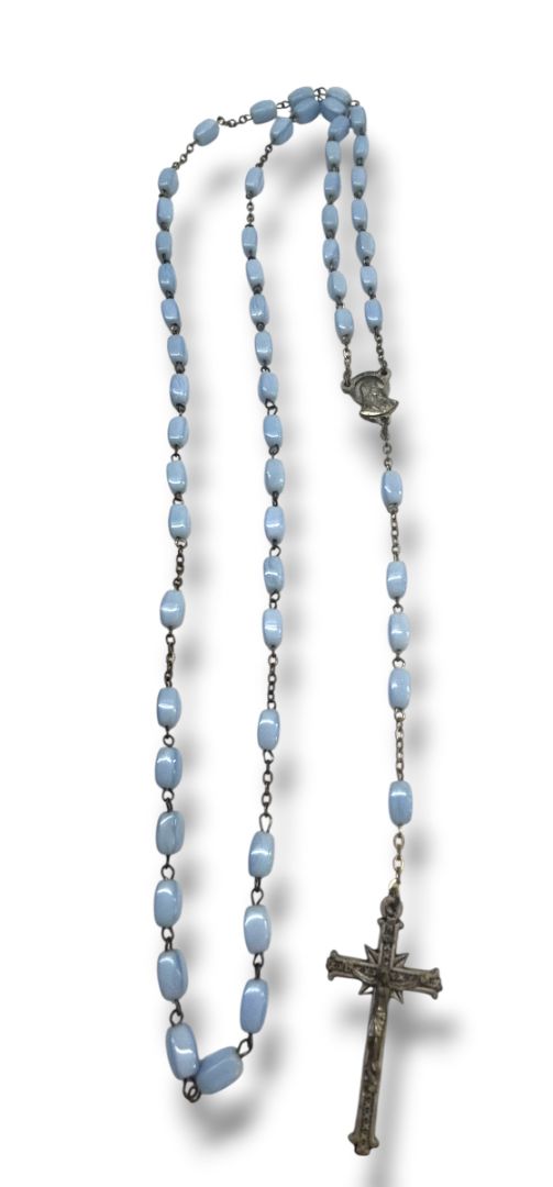 Vintage Light Blue Silvertone Rosary Beads Italy Necklace