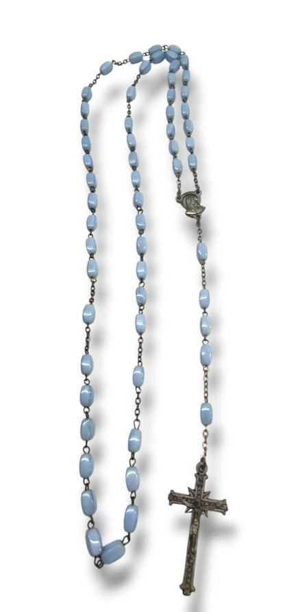 Vintage Light Blue Silvertone Rosary Beads Italy Necklace