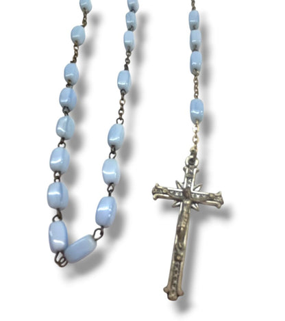 Vintage Light Blue Silvertone Rosary Beads Italy Necklace
