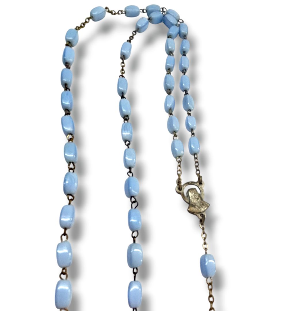 Vintage Light Blue Silvertone Rosary Beads Italy Necklace