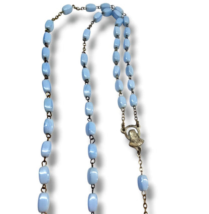 Vintage Light Blue Silvertone Rosary Beads Italy Necklace