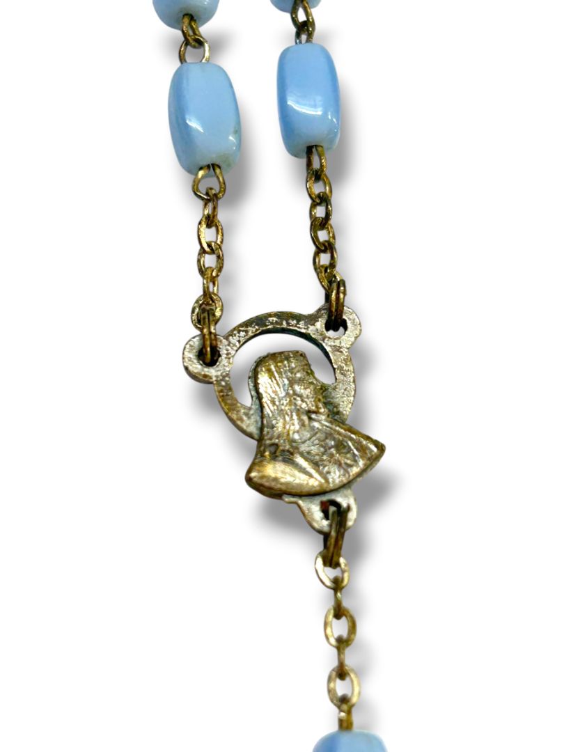 Vintage Light Blue Silvertone Rosary Beads Italy Necklace