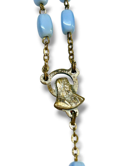 Vintage Light Blue Silvertone Rosary Beads Italy Necklace