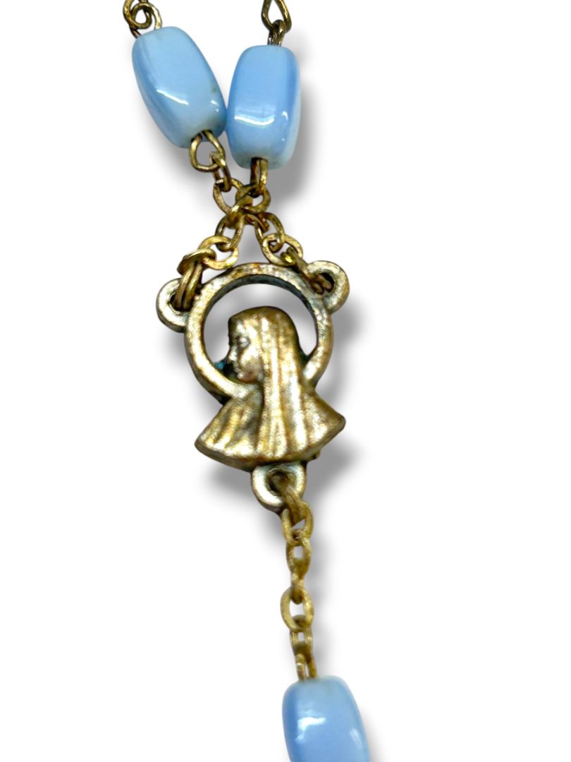 Vintage Light Blue Silvertone Rosary Beads Italy Necklace