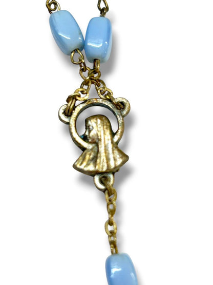 Vintage Light Blue Silvertone Rosary Beads Italy Necklace