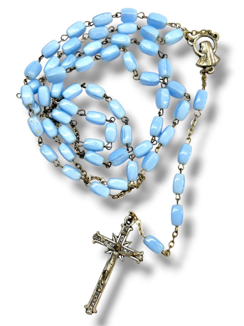 Vintage Light Blue Silvertone Rosary Beads Italy Necklace