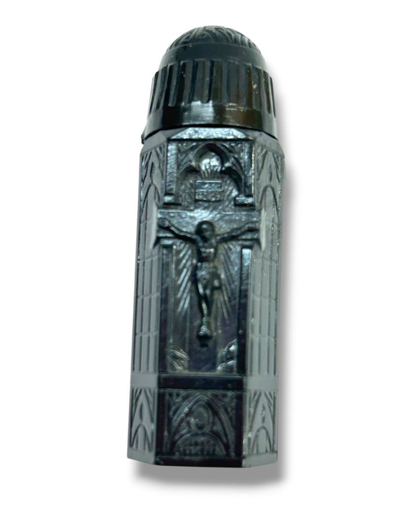 Vintage Holy Water Vial Black Resin Cathedral 2.2"