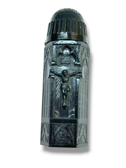 Vintage Holy Water Vial Black Resin Cathedral 2.2"