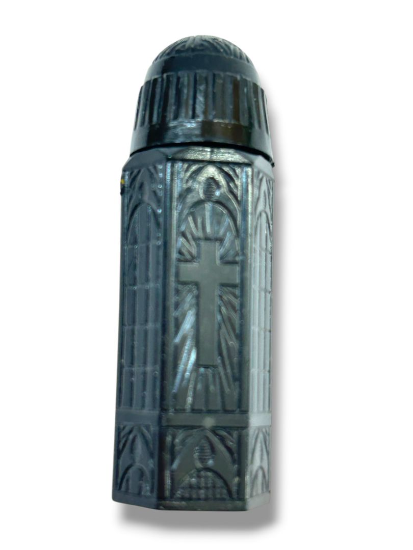 Vintage Holy Water Vial Black Resin Cathedral 2.2"