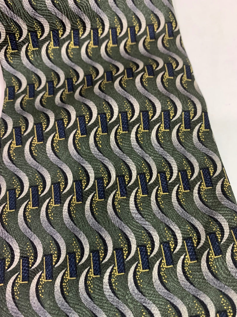 Today's Man Mens Silk Necktie 58"  Green Blue Silver Squiggles 4"