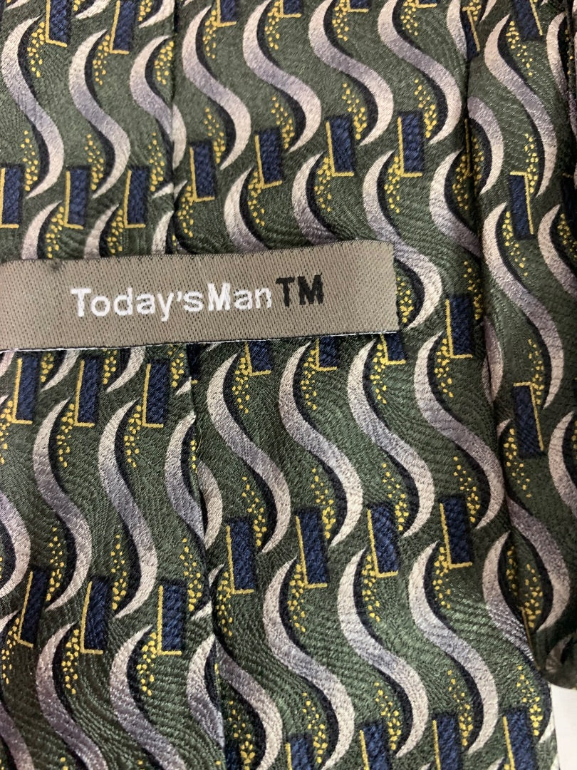 Today's Man Mens Silk Necktie 58"  Green Blue Silver Squiggles 4"