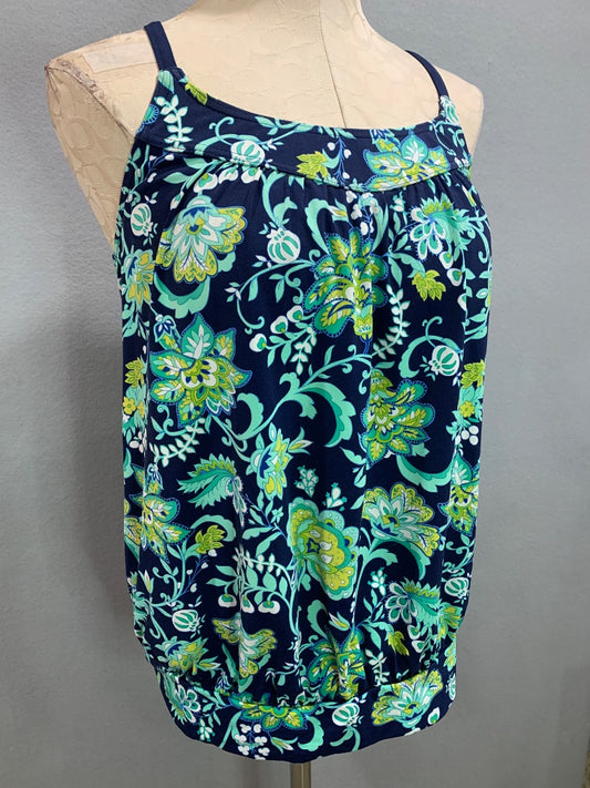 Size 10 Lands End Beach Living Tankini Top Swimsuit Blouson Blue Aqua Floral
